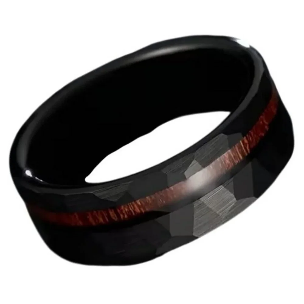Hammered Tungsten Carbide Koa Wood Inlay Channel Wedding engagement ring